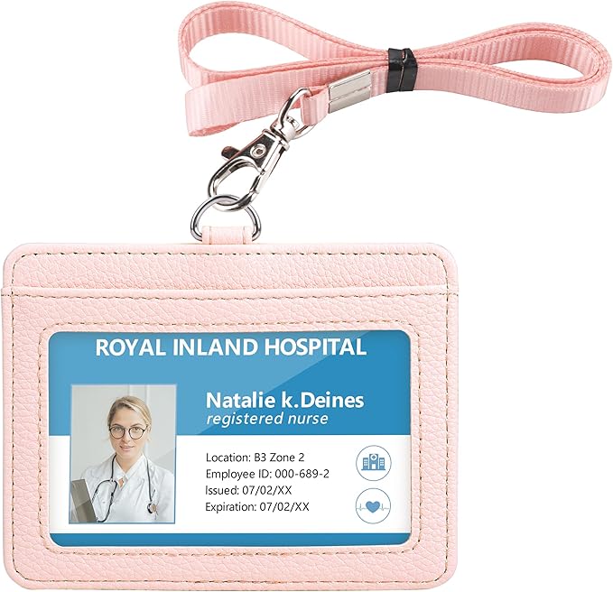 Teskyer Badge Holder with Lanyard, Leather ID Name Badge Card Holder with Lanyard for ID Badges, Horizontal, Lychee Pattern Light Pink