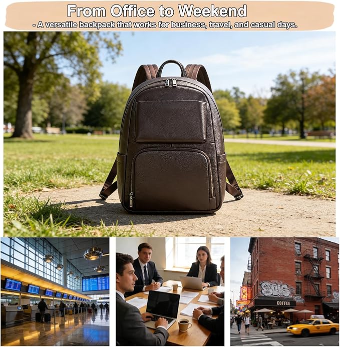 Genuine Leather 15.6 Inch Laptop Backpack for Men, Multi Pocket Casual Daypack Shoulder Bag for Business Travel Outdoor, Coffee