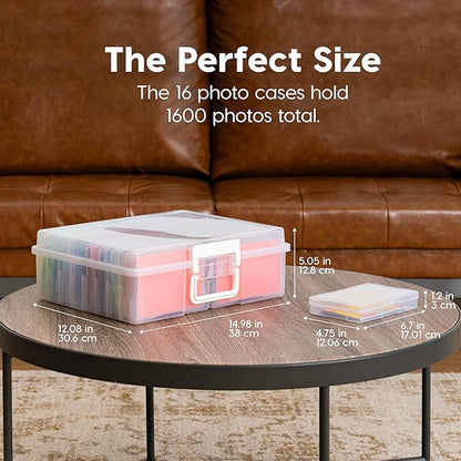 IRIS USA 4" x 6" |Made in USA| Photo Organizers and Picture Storage Box with Handle, 16 Inner Cases/Containers for Tasks, Stickers, Ephemera, & Flashcards - Clear