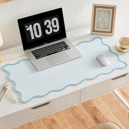 Ralxion Scalloped Desk Mat, 31.5" x 15.7", PU Leather, Waterproof Anti-Slip, Cute Aesthetic Desk Pad for Office/Home/Game/Vanity (Blue, Large)