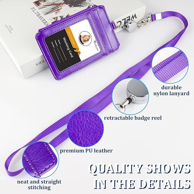 Teskyer Leather Badge Holder with Lanyard and Retractable Badge Reel, 4 Card Slots ID Card Holder with 1 Zipper Pocket for Office School Name Work IDs, Purple
