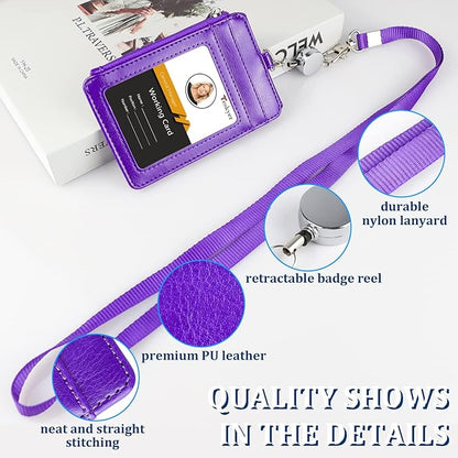 Teskyer Leather Badge Holder with Lanyard and Retractable Badge Reel, 4 Card Slots ID Card Holder with 1 Zipper Pocket for Office School Name Work IDs, Purple