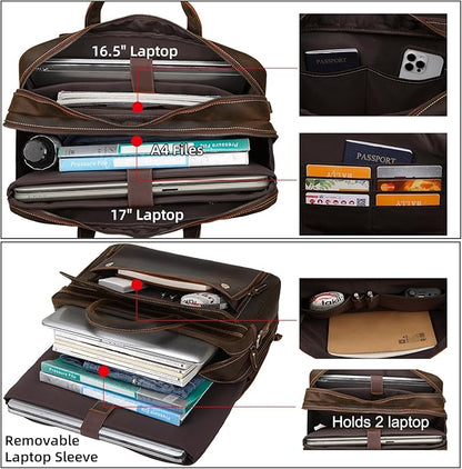 Masa Kawa Leather Briefcase for Men 15.6", 17" Laptop Computer Case Business Travel Work Messenger Cross Body Shoulder Bag