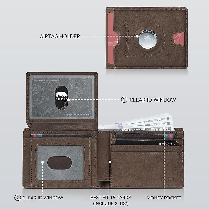furid Air Tag Wallet Men Slim: Minimalist 2 ID Window RFID Leather Wallets with Airtag Holder - Gifts for Husband Father at Birthday Anniversary