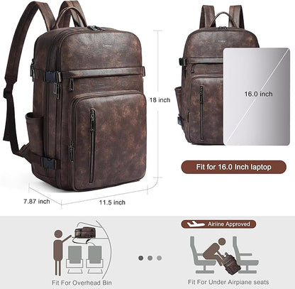 Travel Backpack for Women and Men, Fits 17.0" Laptop, Stylish Lay-Flat Carry-on Vegan Leather Backpack with Luggage Strap for Travel and Daily Use