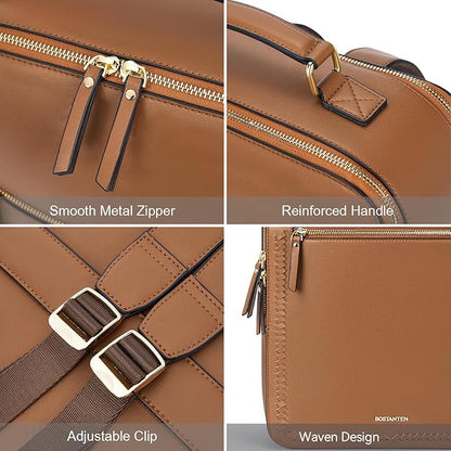 BOSTANTEN Leather Backpack 15.6 inch Laptop Bag Travel Casual Computer Backpack College Business Work Shoulder Bags with Trolley Sleeve for Women Men Brown