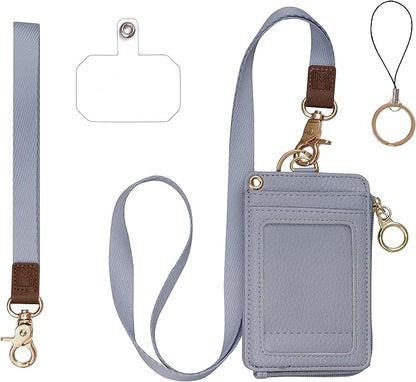 MONDO DESIGNS 2-in-1 ID Badge Holder & Lanyard Wallet - Multi-Use Womens Small Wallet with Removable Wristlet & Neck Lanyard, Clear Window, 5 Card Slots, Phone Holder, Ring Keychain - Blue