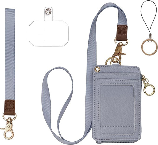 MONDO DESIGNS 2-in-1 ID Badge Holder & Lanyard Wallet - Multi-Use Womens Small Wallet with Removable Wristlet & Neck Lanyard, Clear Window, 5 Card Slots, Phone Holder, Ring Keychain - Blue