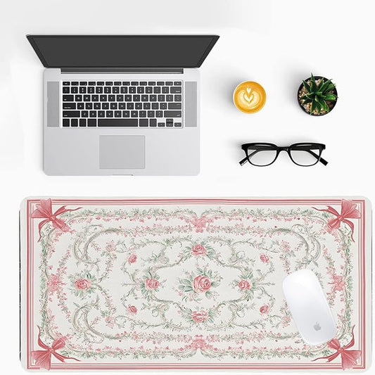 Vintage Floral Desk Mat for Women, Large PU Leather Desk Pad with Non-Slip Base, Elegant Office Keyboard Cover an Elegant and Thoughtful Gift for Women（27.56 * 13.78in）