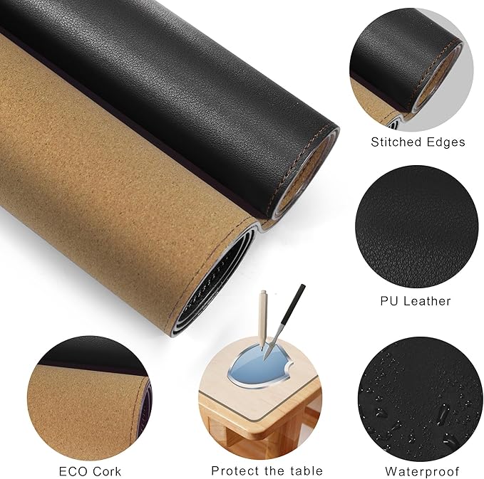 MAIDERN Leather Desk Mat Large XL, 78.7” x 40” Reversible Office Desk Pad Mat, Cork & Leather Large Mouse pad for Desk, Waterproof Computer Desk Mat for Gaming Home Office (Black)