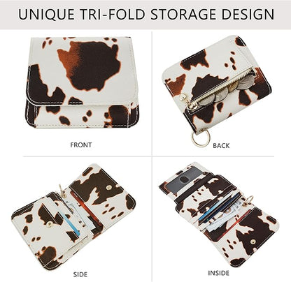 Women Small Wallet RFID Blocking Slim Wallet with Coin Pocket Tri-Fold Credit Card Holder with ID Window and Keychain (Cow)