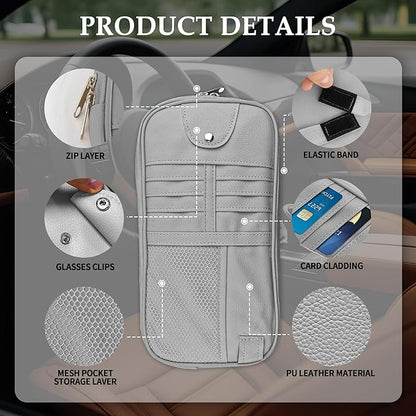 Upgrade Car Visor Organizer,Multipurpose Car Sun Visor Organizer with Sunglasses Holder for Car Storage Bank Cards,Driver's License,PU Leather Truck Visor Organizer for Most Vehicles (Grey)