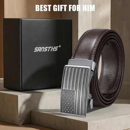 SANSTHS Mens Ratchet Belts Leather 1 3/8" for Men Dress and Casual, Adjustable Click Belts with American Flag Buckles