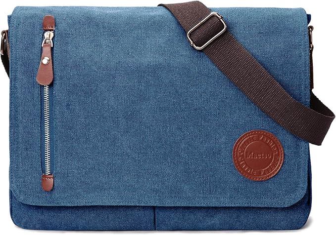 Mactso Vintage Canvas Messenger Bag for Men Women, 13.5 Inch Laptop Satchel Shoulder Bag with Multiple Pockets, Crossbody Bag for Work Travel College (Blue)