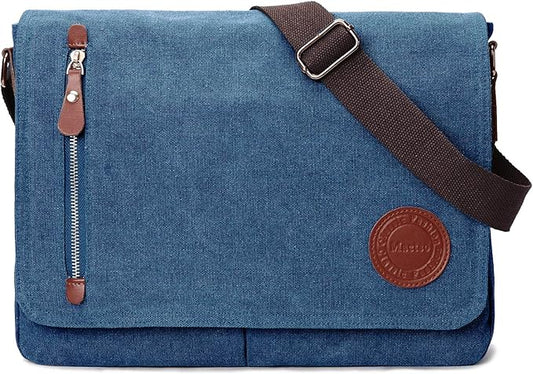 Mactso Vintage Canvas Messenger Bag for Men Women, 13.5 Inch Laptop Satchel Shoulder Bag with Multiple Pockets, Crossbody Bag for Work Travel College (Blue)