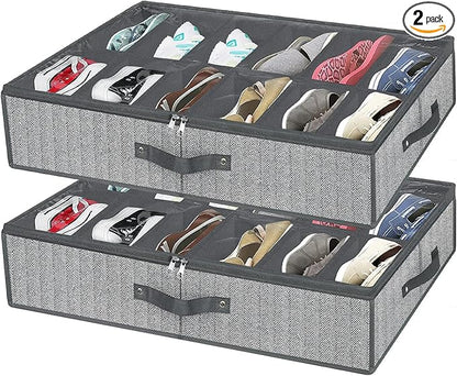 homyfort Under Bed Shoe Storage Organizer for Closet Fits 24 Pairs-Sturdy Underbed Shoe Containers Boxes Organizador De Zapatos with Clear Cover,Set of 2, 29.3 x 23.6 x 5.9inch(Herringbone Grey)