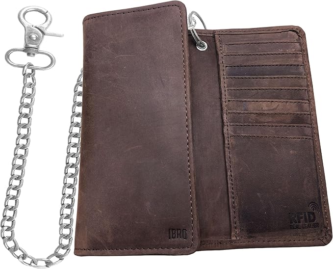 IBRO VINTAGE Motorcycle Chain Wallet for Men – Premium Cowhide Leather, RFID Tri-Fold Biker Wallet with Heavy Duty Chain for Bikers Truckers & Hunters, Credit Card Money Organizer Long Wallet | Long Trifold, RFID Blocking, Men's, Trucker Biker