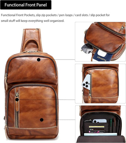LANNSYNE Full Grain Leather Sling Bag For Men, Crossbody Bag fits 12.9" iPad Crossbody Chest Daypack