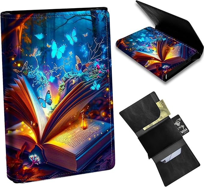 Minimalist Wallet for Men's Card Holders, Pop-Up Card Case Wallets for Women, Leather Automatic Credit Card Holder with Metal Money Clip RFID Blocking Bifold Pocket, Book Blue Butterfly