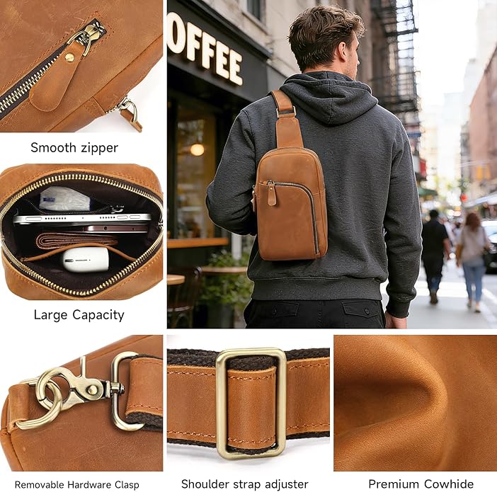 Genuine Leather Sling Bags for Men Crossbody Purse Vintage Small Messenger Shoulder Bag for Phone Side Chest Daypack Bag