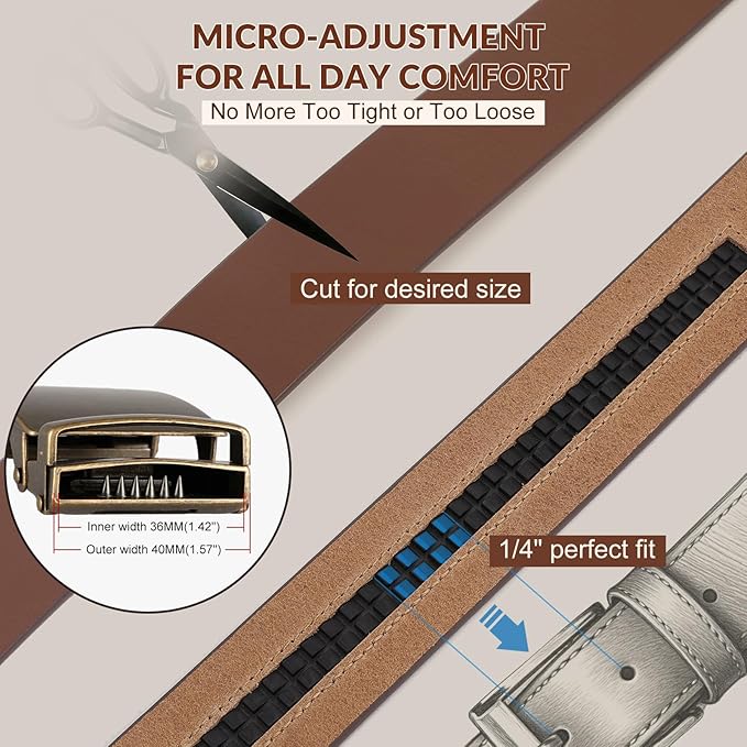 Ratchet Belt Strap, Full Grain Leather Belt Straps for Men without Buckle 1 3/8"- Replacement Strap Only