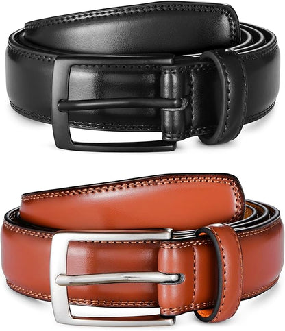 MILORDE Men's Leather Dress Belt 2Pack, Handmade, Genuine Leather, Fashion & Classic Designs for Work Business and Casual