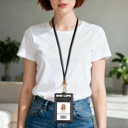 Azrra Lanyards for id ID Badges, Lanyard with 1 ID Holder and 4 Credit Card Slots, Vertical PU Leather Badge Holder with a Detachable Neck Strap, Black