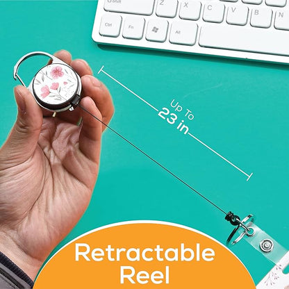 Will Well ID Badge Holder with Retractable Lanyard, Retractable Badge Reel Nylon Lanyard and Vertical ID Card Holder with 1 Card Slot Key Chain for Men & Women - Floral Design