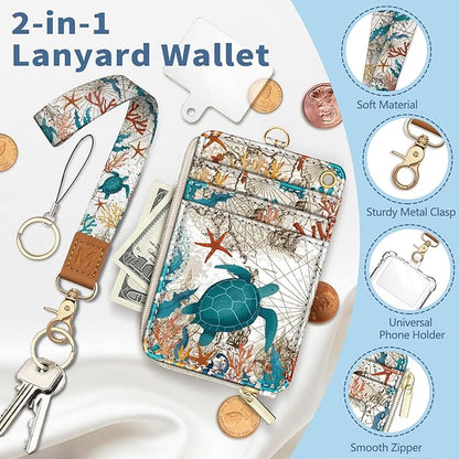 Lanyard Wallet with Id Badge Holder, Sea Turtle RFID Small Keychain Wallet Women Wristlet, Cute Zipper Credit Card Holder Phone Wrist Neck Strap for Key Name Tag, Teacher Student Office Gifts