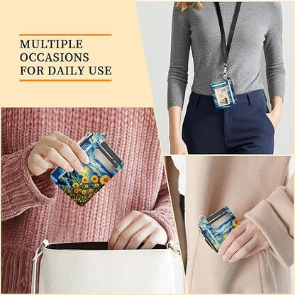 Hancynir Sunflower Starry Night Small Wallet Women Credit Card Holder, Slim RFID Blocking Keychain Card Wallets, Mini Front Pocket PU Leather Thin Travel Zipper Coin Cash Ladies Wallet Organizer Gifts