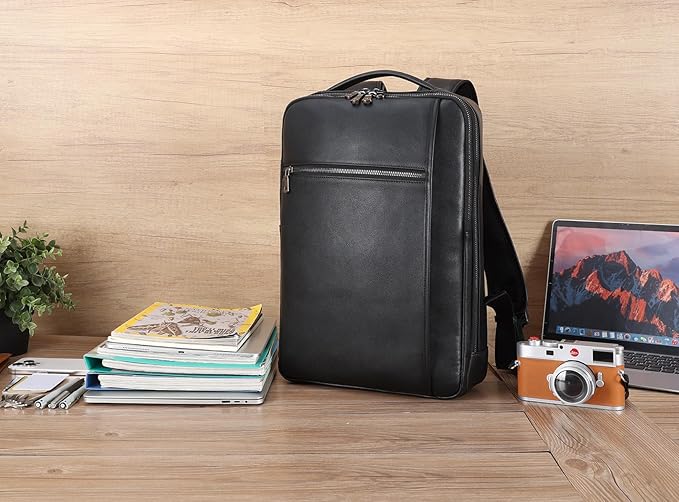 Masa Kawa Slim Genuine Leather Business Backpack 15.6" Laptop Bag for Men Women Office Work Travel Small Thin Computer Casual Daypack, Black