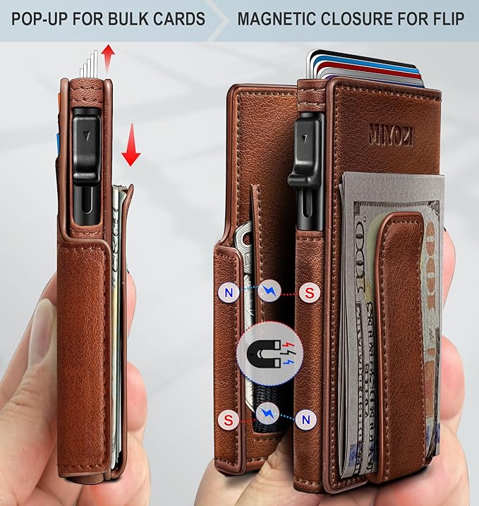 miyozi Wallet for Men, Magnetic Minimalist Slim Wallet with Pop Up Card Holder, 9 Cards RFID Blocking Metal Credit Card Case, Leather Wrapped Money Clip, ID Window & Small Item Slot, Gift Boxed