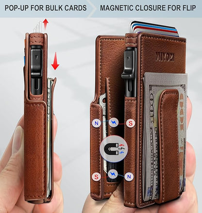 miyozi Wallet for Men, Magnetic Minimalist Slim Wallet with Pop Up Card Holder, 9 Cards RFID Blocking Metal Credit Card Case, Leather Wrapped Money Clip, ID Window & Small Item Slot, Gift Boxed