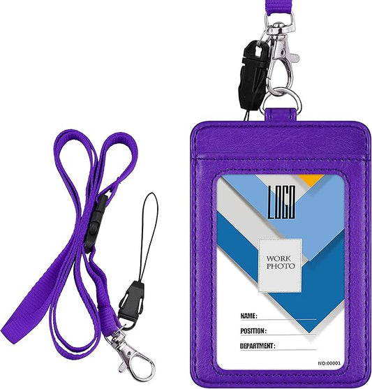 Badge Holder, Wisdompro School Supply 2-Sided PU Leather College ID Badge Card Holder Wallet Case with 1 Clear ID Window and 1 Credit Card Slot and 22 Inch Detachable Neck Lanyard - Purple (Vertical)