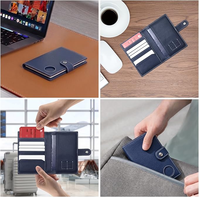 Genuine Leather Passport Holder for Travel, RFID Blocking Passport Wallet with Tracker Holder, Slim Passport Cover Travel Wallet for Women Men, Airport Essentials (Blue)