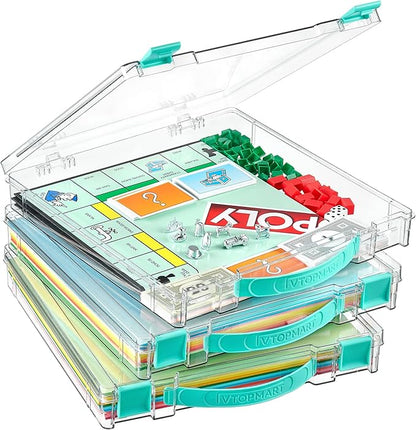 Vtopmart 3 Pack Board Game Storage with Handle and Snap-Tight Latch Lid, Craft Organizer Box Fit 12" x 12" Papers, Stackable Clear Storage Box for Art Supply Storage, Paper Storage, Puzzle Storage