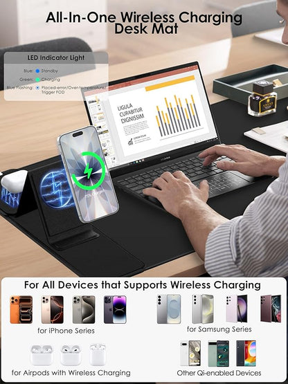 Wireless Charging Mouse Pad with Foldable Phone Holder, 15W Magnetic Fast Charging for iPhone Samsung, 31.5"x15.75" Large Desk Mat for Laptop/Keyboard, Waterproof Gaming Mousepad with Non-Slip Base