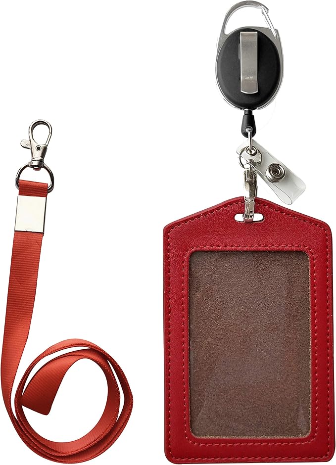 ID Card Case + Heavy Duty Lanyard (Red)+ Badge Holder Retractable Reel Carabiner and Plastic Clip (Soft Genuine Leather Case)