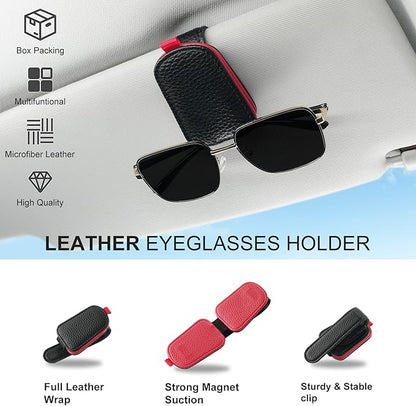 SINGARO Sunglasses Holder for Car, Leather Magnetic Buckle Sun Visor Sunglass Clip, Ticket Card Storage Glasses Clip, Car Interior Accessories for Men and Women（Black-red）