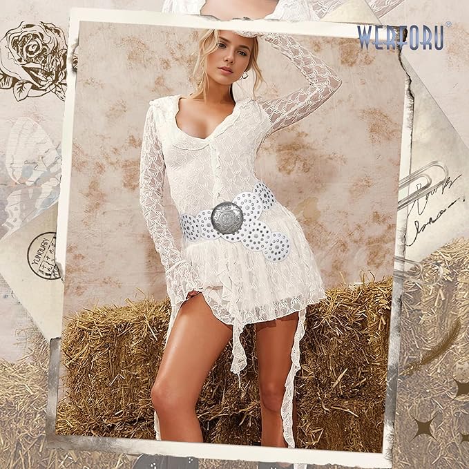 WERFORU Women Vintage Leather Belt Western Disc Waist Belts Ladies Western Belt Boho Belt for Dress Jean-