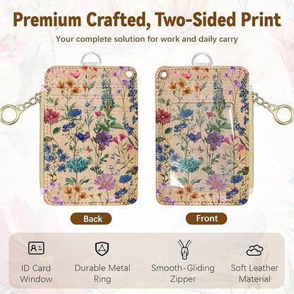 Flower Leather Badge Holder with Zipper Pocket, Work Lanyards and 1 Zip Pocket and 4 Card Slots, Kraft Paper Breakaway Lanyards with Metal Clasp for Boys, Adult, Teachers