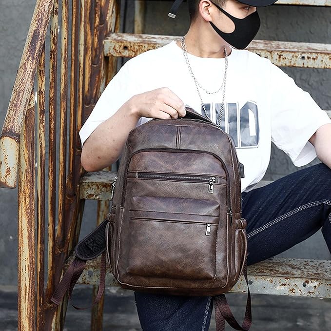 Vintage Leather Backpack for Men 16" Laptop Bag for work Casual Daypack Business Travel Rucksack Waterproof (Deep Brown)