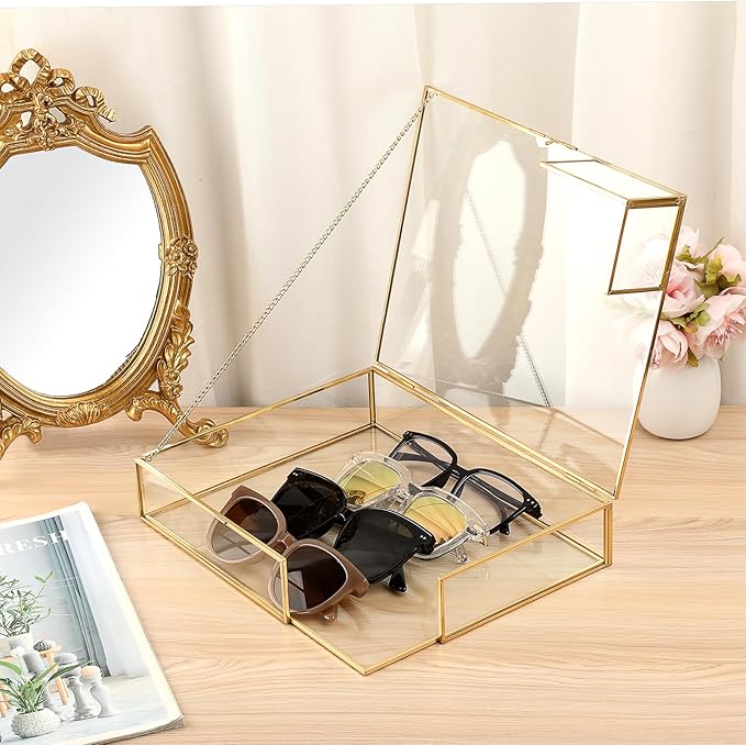 Hipiwe Gold Glass Photo Box - Large Vintage Photo Storage Organizer Box Trinket Jewelry Display Organizer Keepsake Boxes Case Home Decor