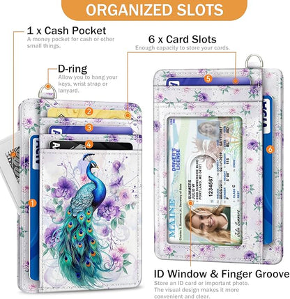 Yonlevres Credit Card Holder Slim Wallet, Peacock RFID Wallet Women Front Pocket Small Card Holder, Cute Travel Thin RFID Blocking Card Organizer Card Case ID Window PU Leather Girl Ladies