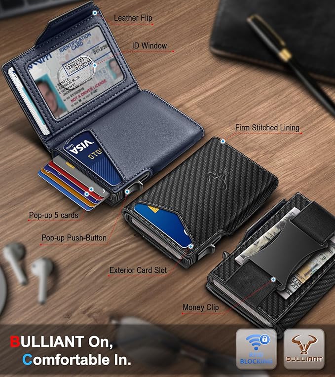BULLIANT Men Wallet Gift Boxed,Slim Front Pocket Wallet Money Clip Card Holder 3.8"x2.7",Pop-up Access