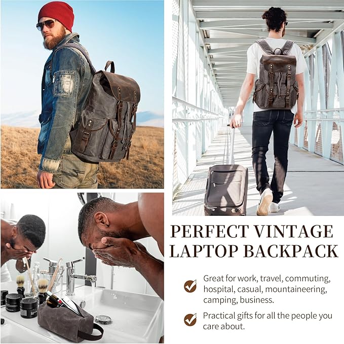 Wogarl Vintage Leather Canvas Backpack, Waxed Canvas Shoulder Rucksack with Toiletry Shoulder Rucksack for Traveling, Camping, Hiking,Business College Fits 17inch Laptop,Grey