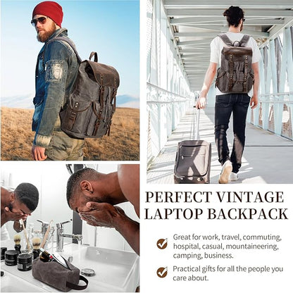 Wogarl Vintage Leather Canvas Backpack, Waxed Canvas Shoulder Rucksack with Toiletry Shoulder Rucksack for Traveling, Camping, Hiking,Business College Fits 17inch Laptop,Grey