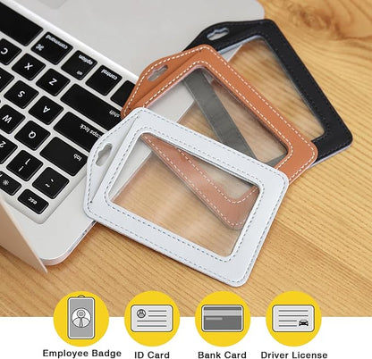 3 Pcs Vertical Leather Badge Holders, Black/Brown/Gray ID Holder for Lanyard, Waterproof Clear Card Holder for School ID Office ID, ID Protector for Women,Men