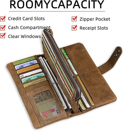 Genuine Crazy Horse Leather Travel Gift Coin Pocket Card Case Long Organizer Chain Rfid Wallet Purse With Snap For Men Male 1803 1815 (1803 Brown 26b)