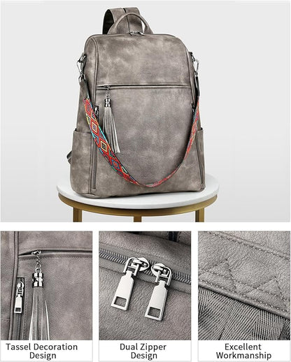 FADEON Leather Laptop Backpack for Women Designer 15.6 inch PU Laptop Bag, Ladies Travel Computer Work Backpack Grey